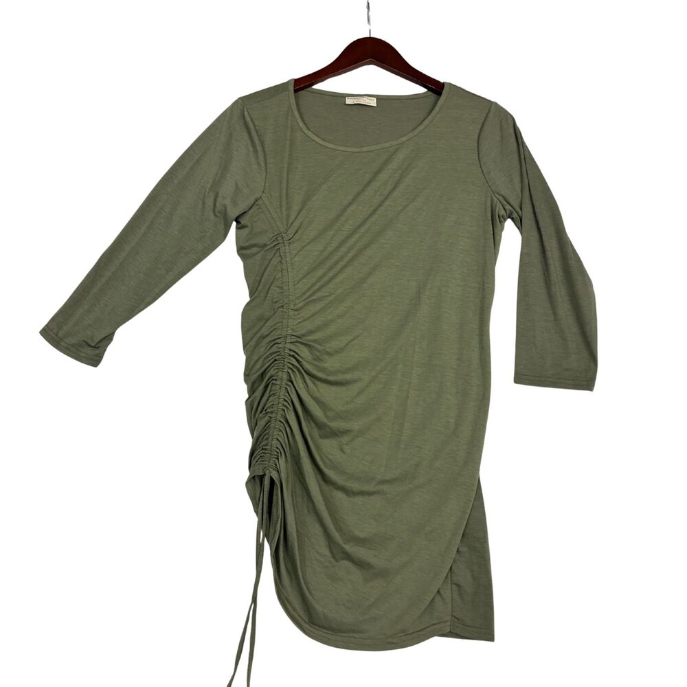 Bobbie Brooks Womens Tunic Top Size L Olive Green Ruched Drawstring 3/4 Sleeve